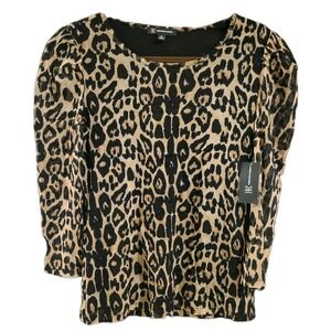 INC International Concepts Leopard Print Mesh Sleeves 3/4 Sleeve‎ Top Women M